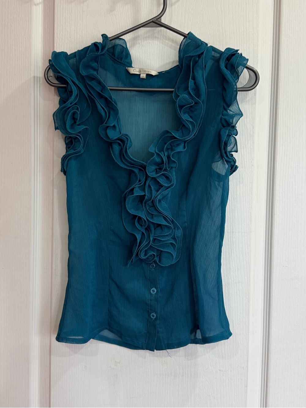 Costa Blanca Teal Ruffle V-Neck Blouse